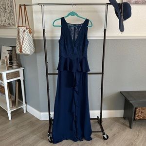 Navy blue silk and lace gown
